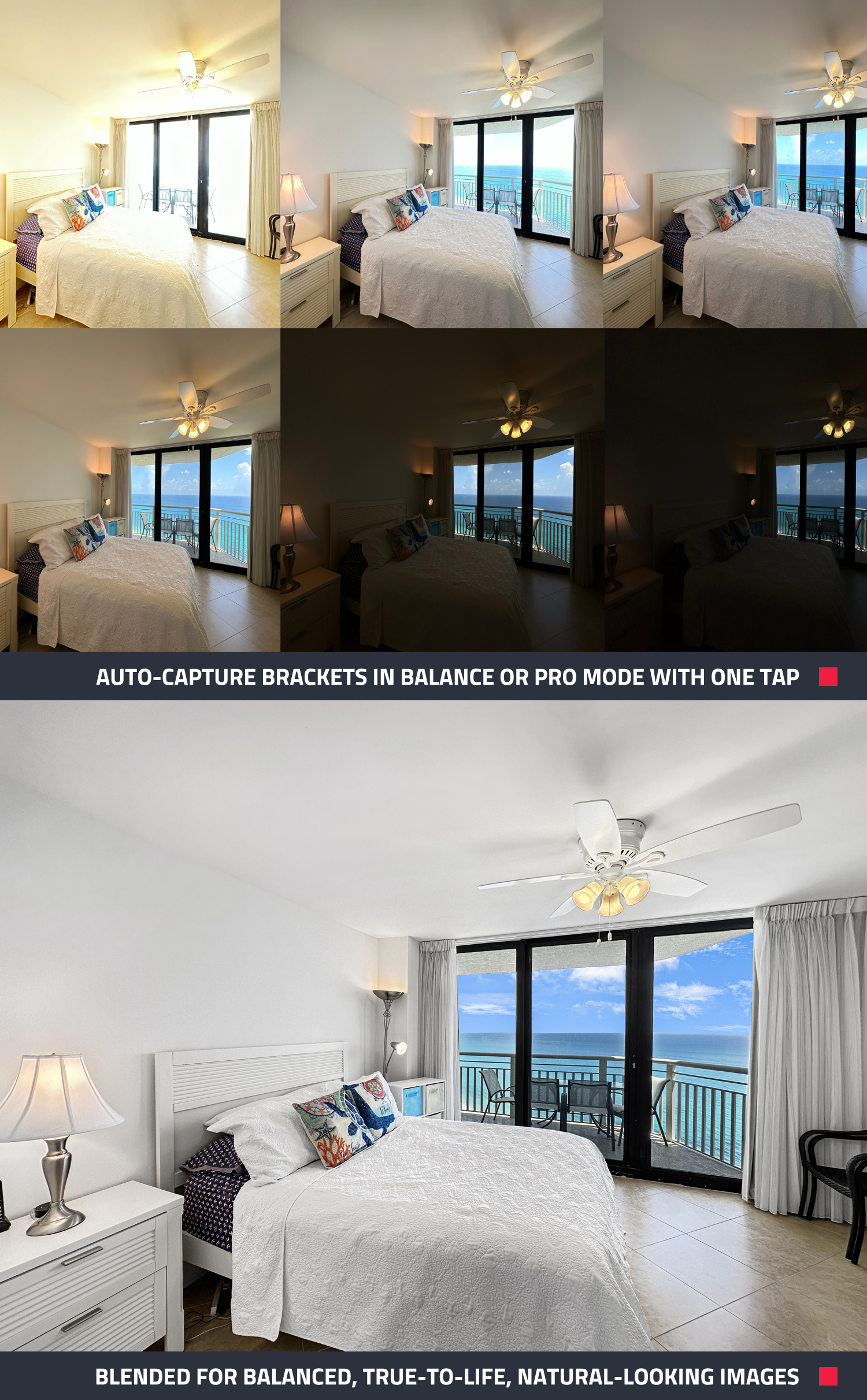exposure brackets are then expertly blended by our editing team to produce one clean, true-to-life image — accurately balancing bright windows and interior details for natural-looking results