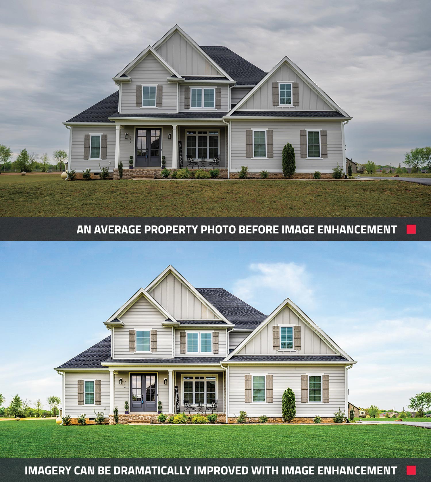 before and after of what image enhancement can do to a property in real estate