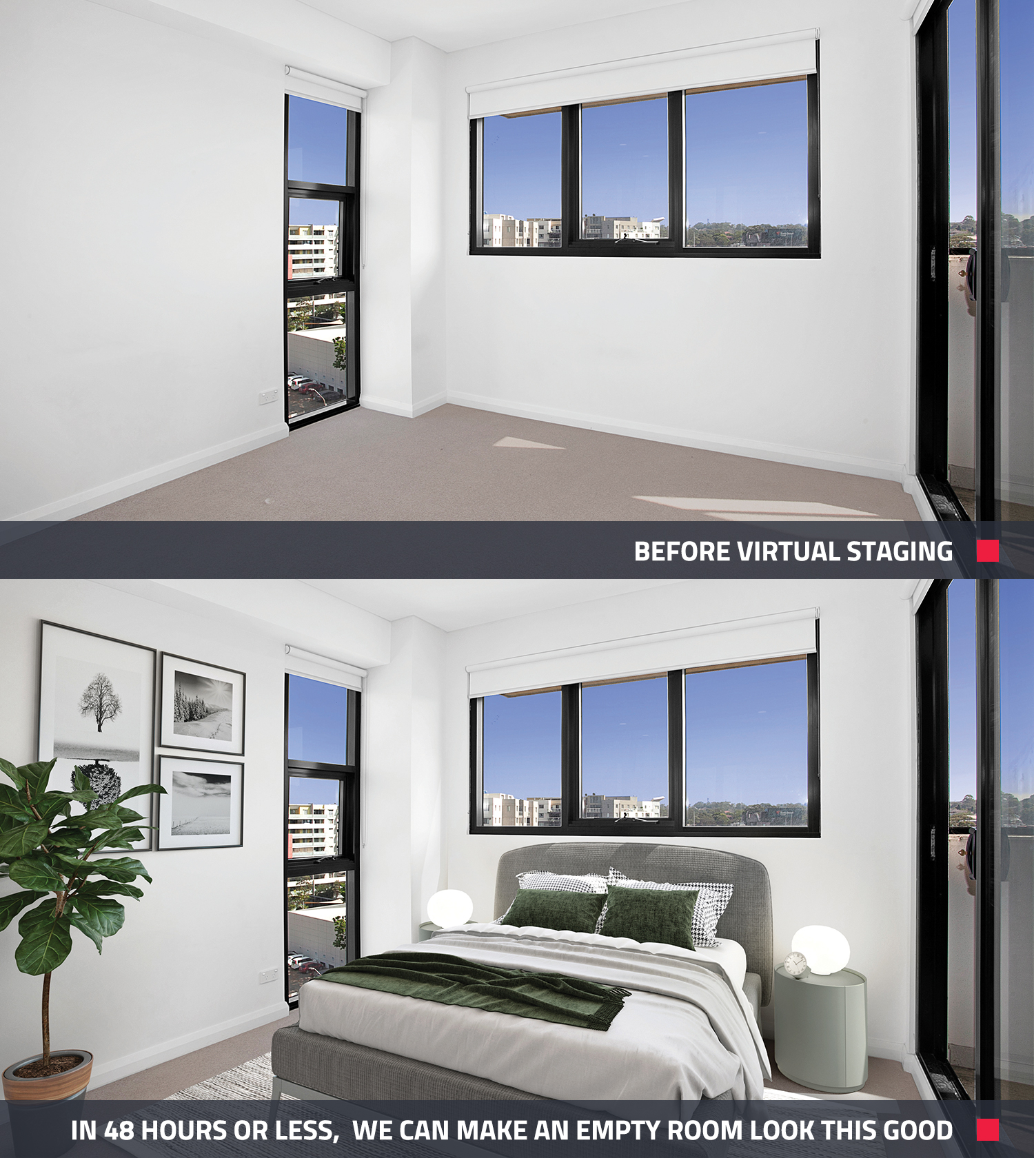 The before and after view of a bedroom when it is virtually staged