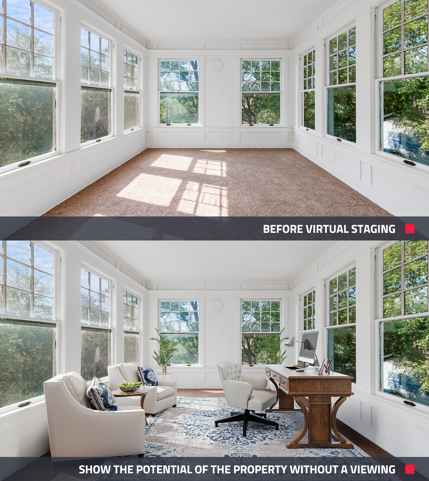 before and after of a virtual staging in real estate