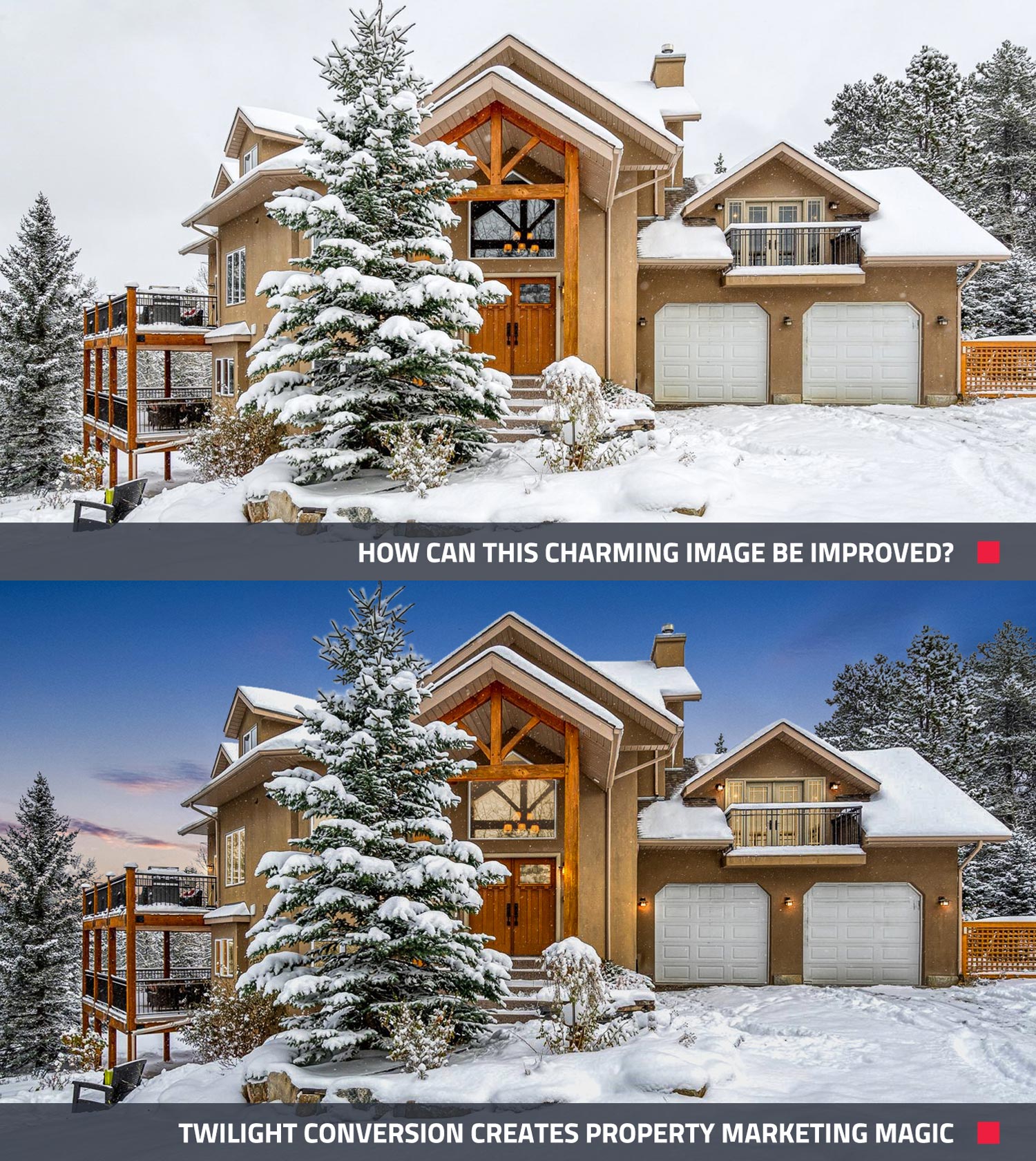 before and after of enhancing an image to make it more appealing online for real estate