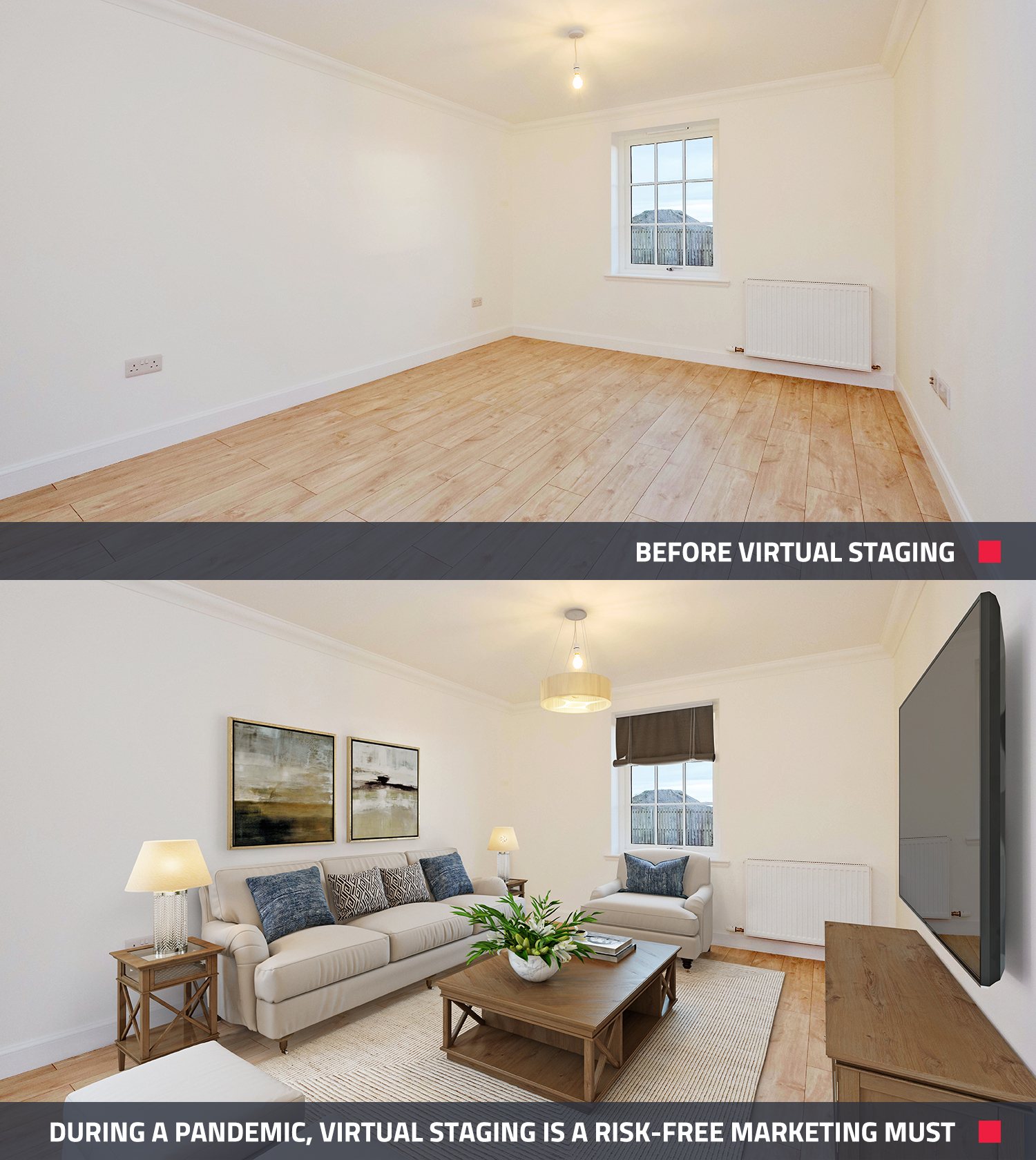 before and after of a virtual staging in real estate